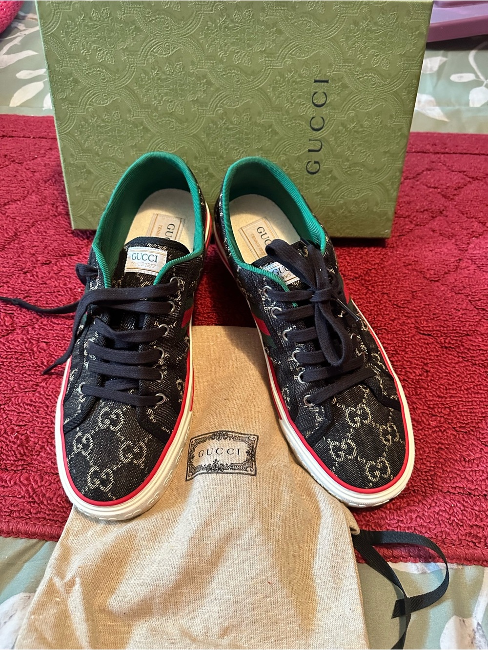 Gucci Black GG Canvas Sneakers with Green Lining and Red Trim